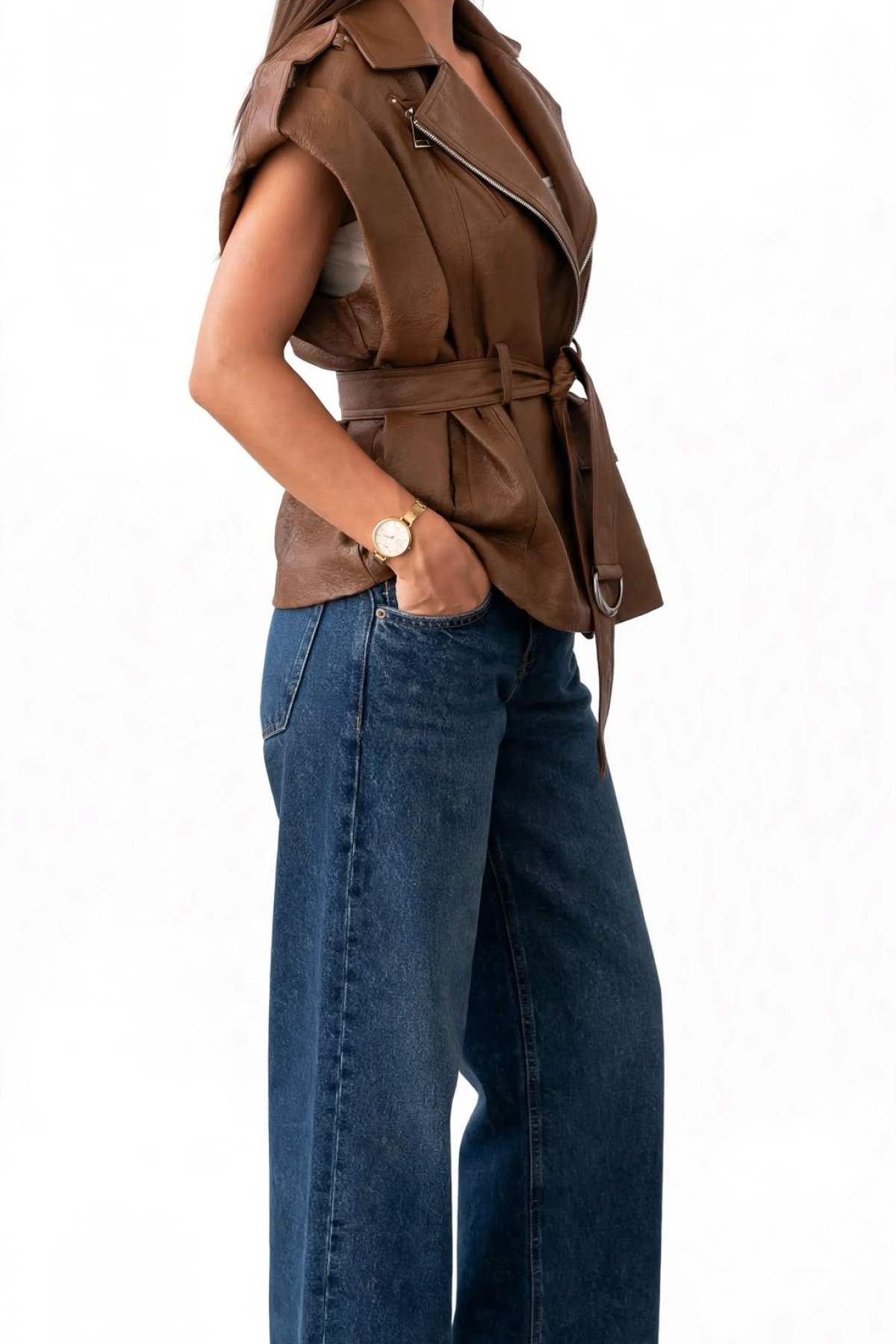 Αμάνικο γιλέκο eco leather με ζώνη