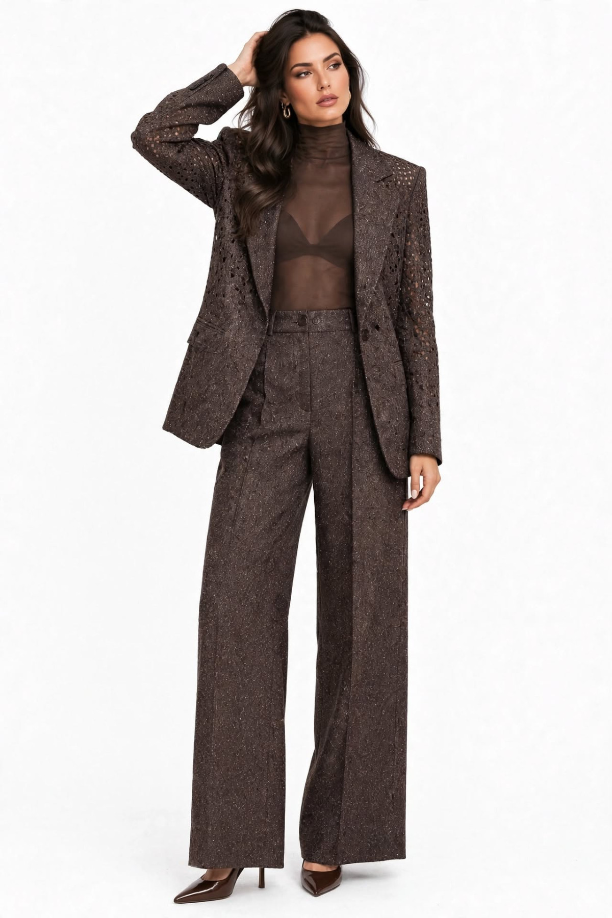 Καφέ Tweed σακάκι Blazer στολισμένο με λαμπερές λεπτομέρειες