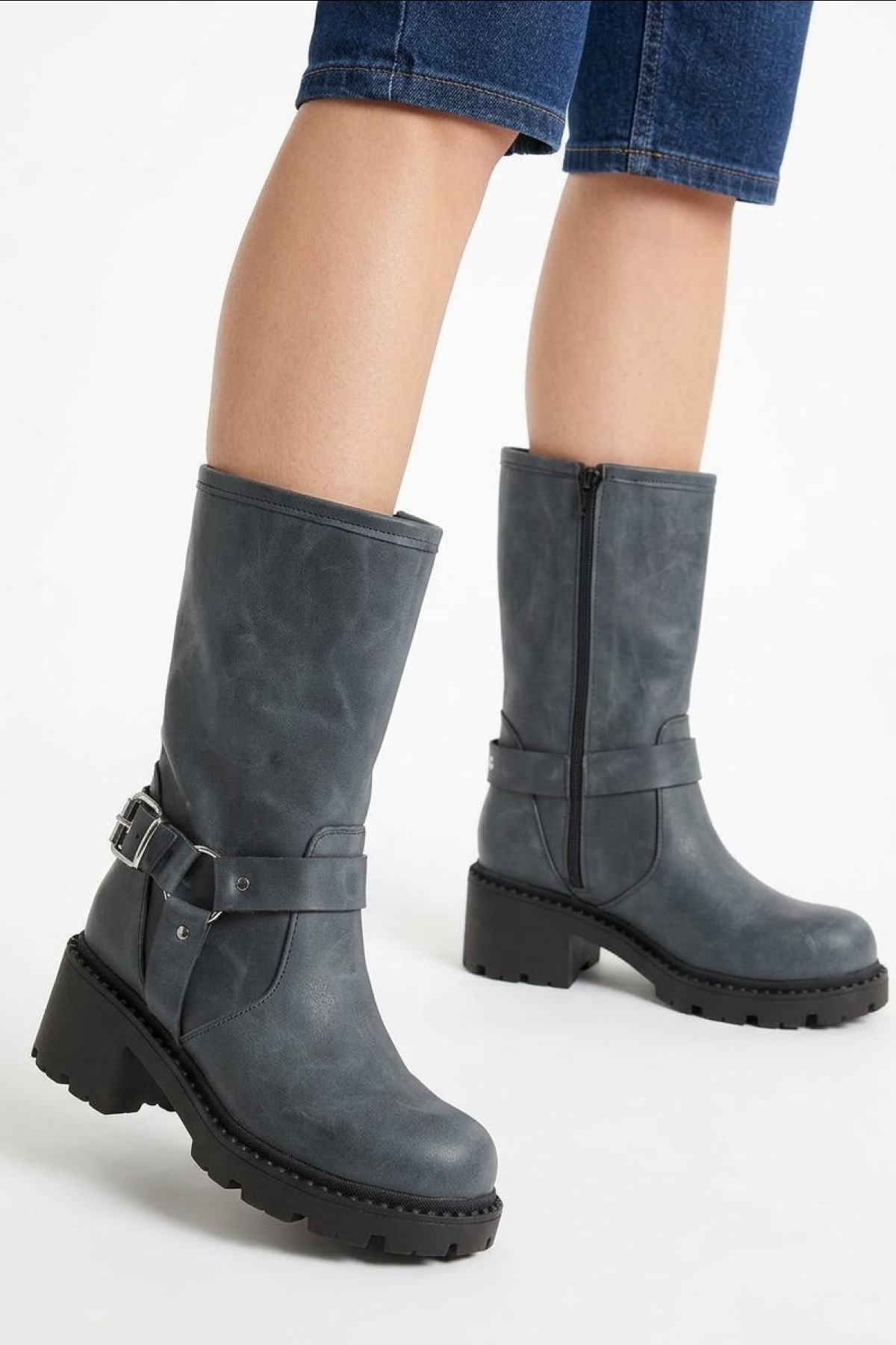 Biker Leather Boots - Grey