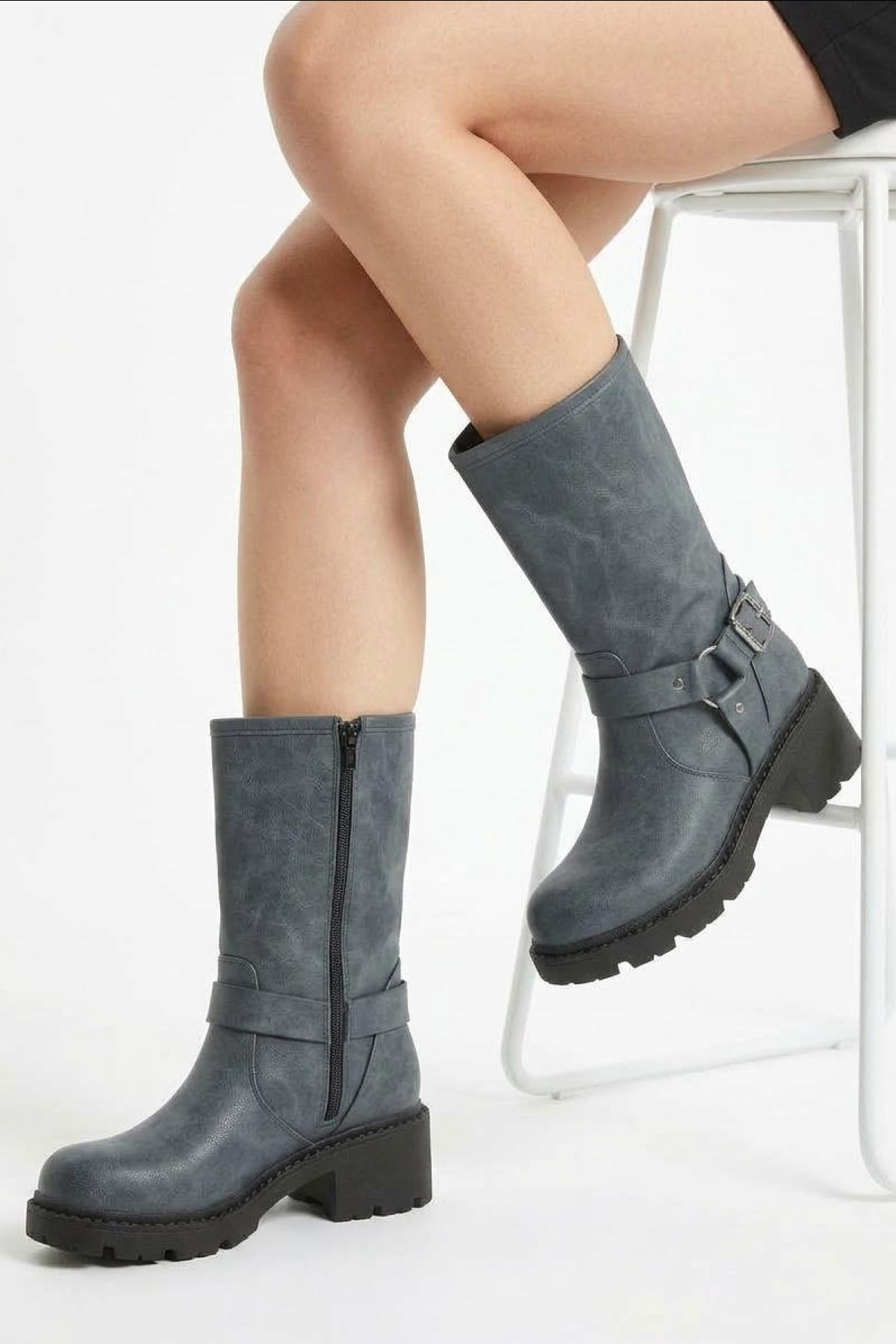 Biker Leather Boots - Grey