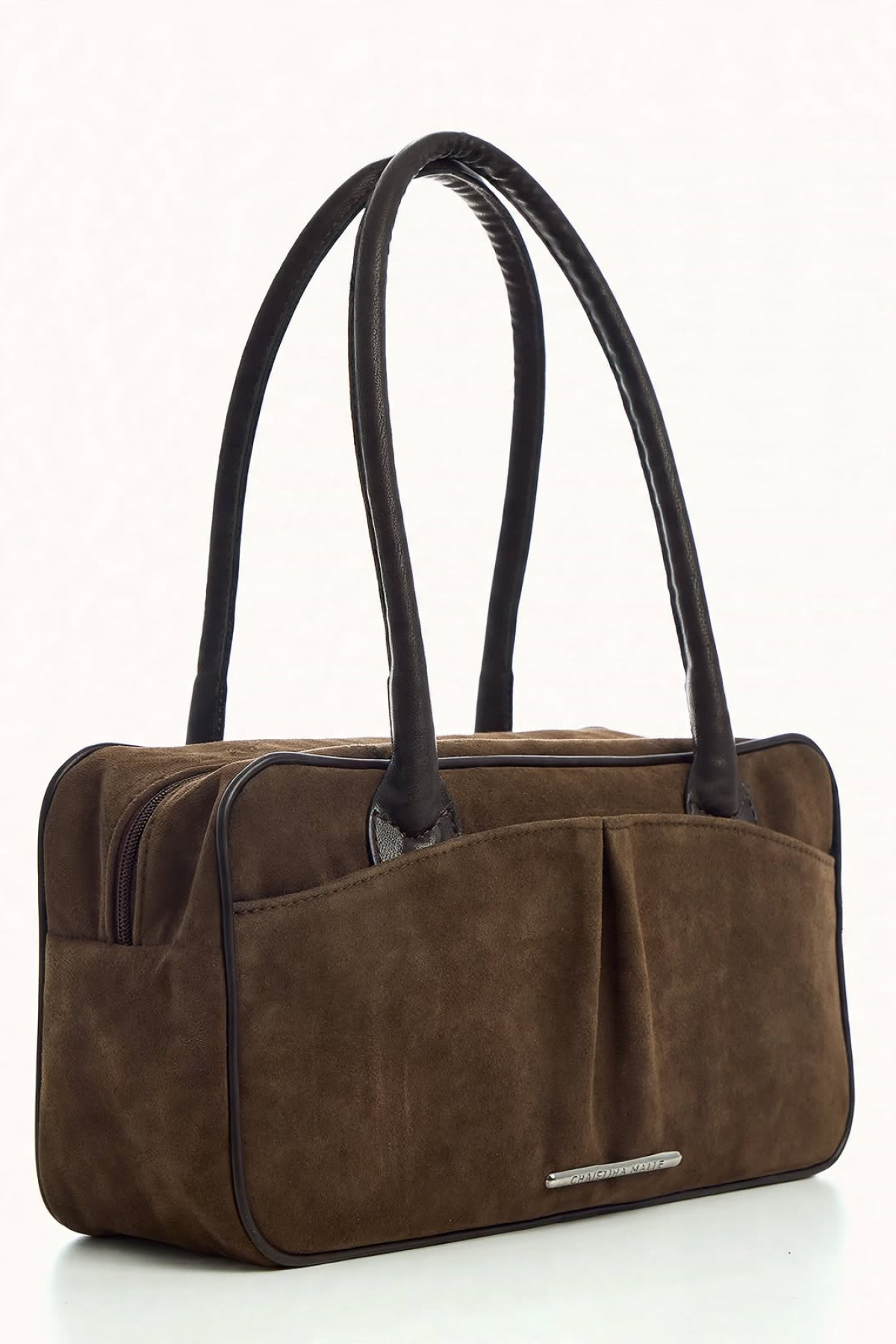 Brown suede bag with top handles