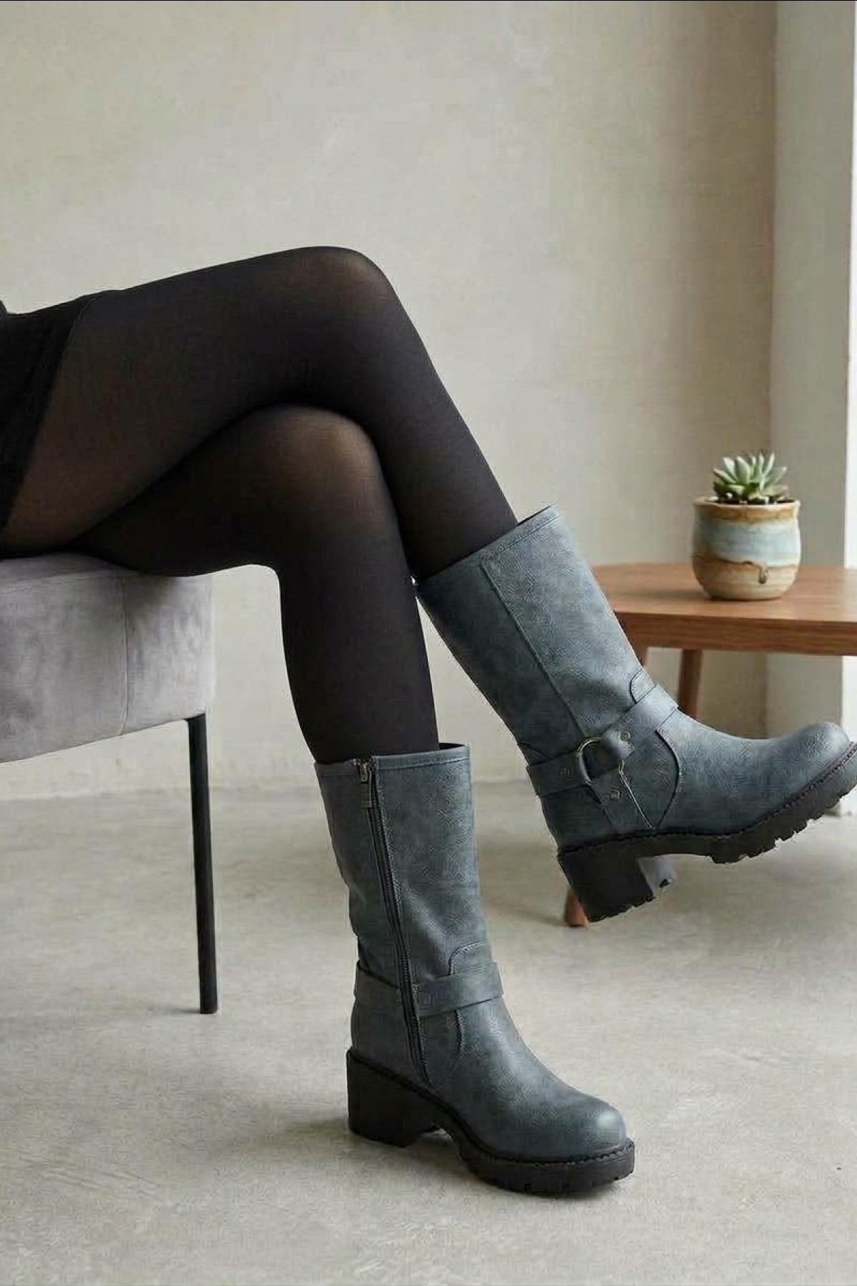 Biker Leather Boots - Grey