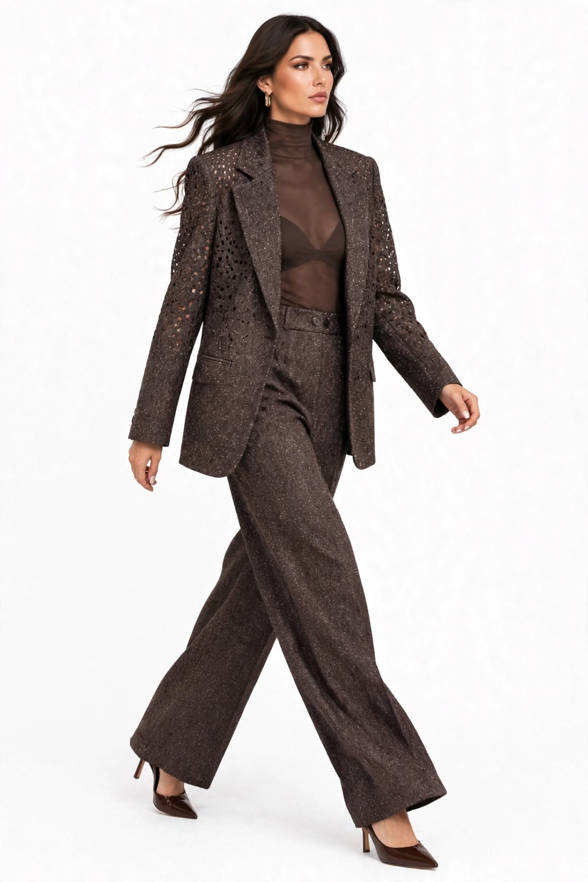 Καφέ Tweed σακάκι Blazer στολισμένο με λαμπερές λεπτομέρειες