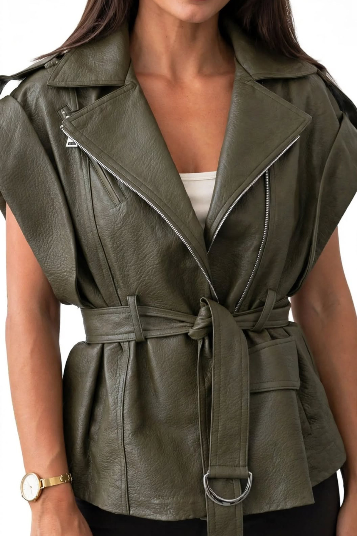 Αμάνικο γιλέκο eco leather με ζώνη