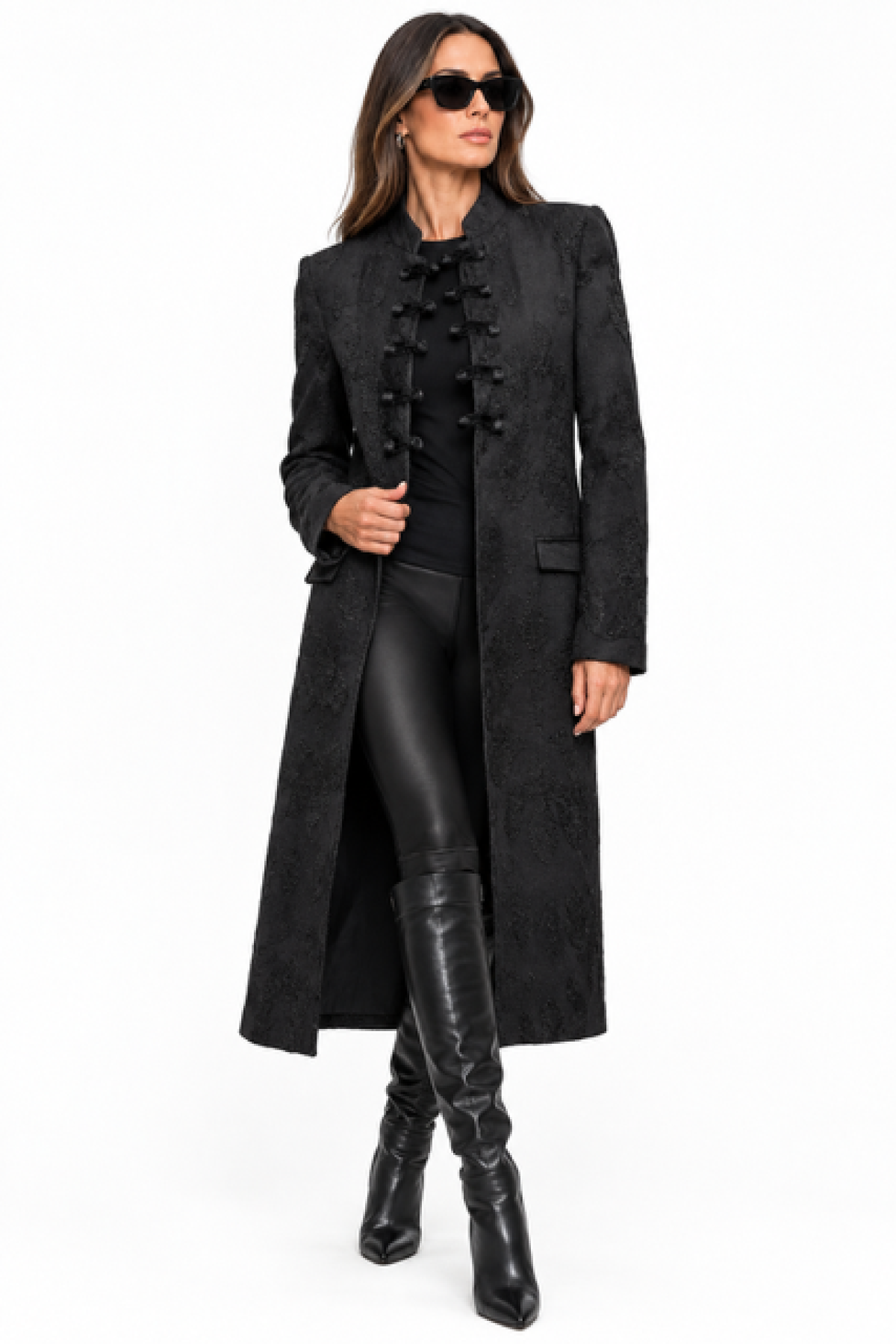 Embroidered Jacquard Long Coat with Frog Closures