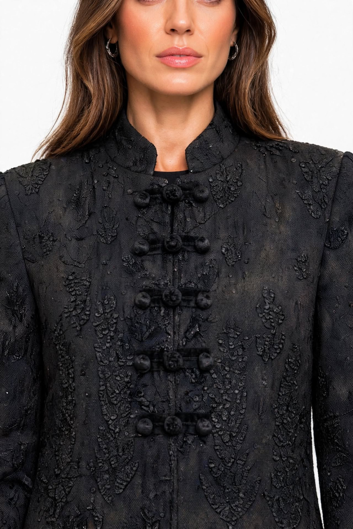 Embroidered Jacquard Long Coat with Frog Closures