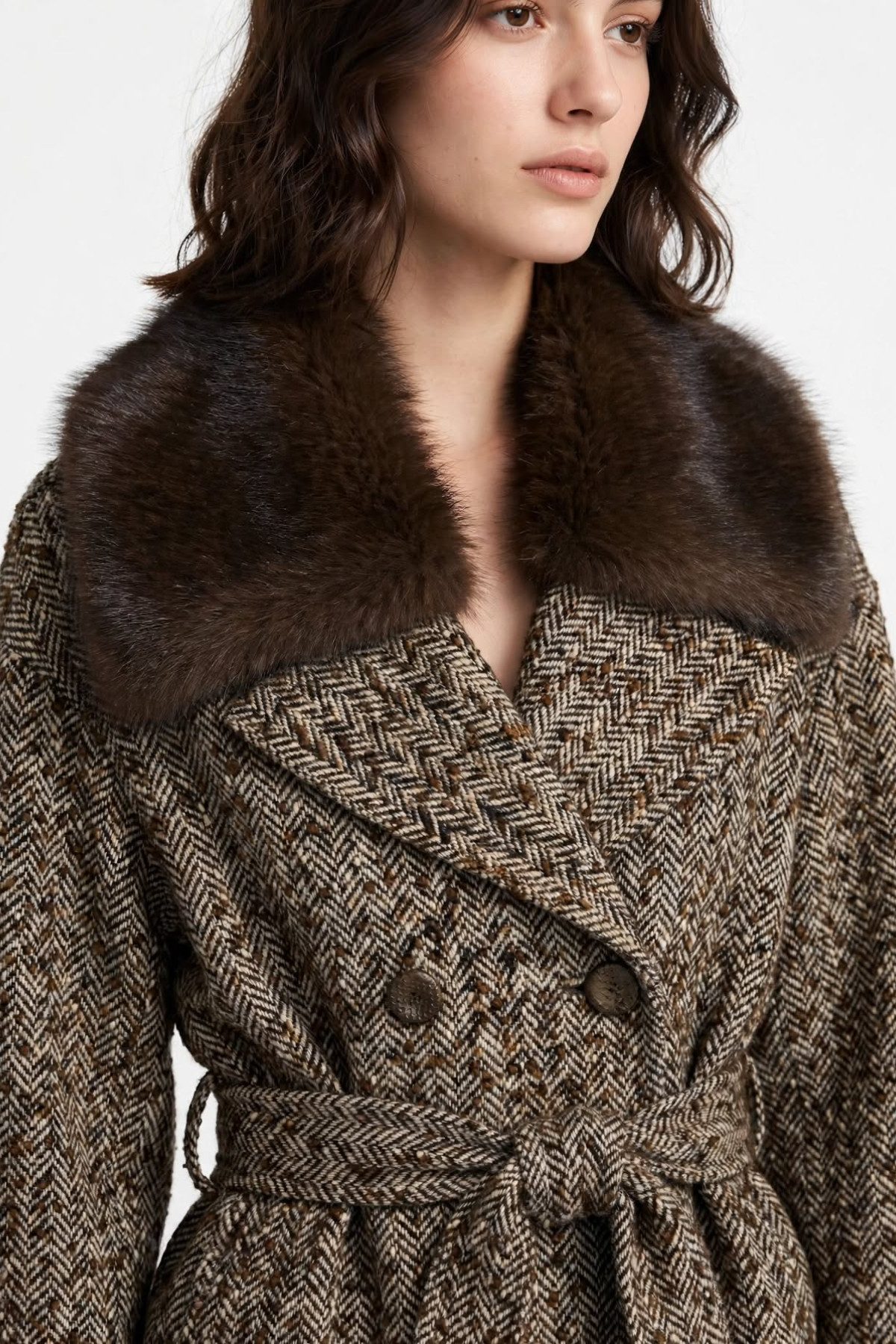 Cropped Tweed Jacket with Faux Fur Collar and Belt