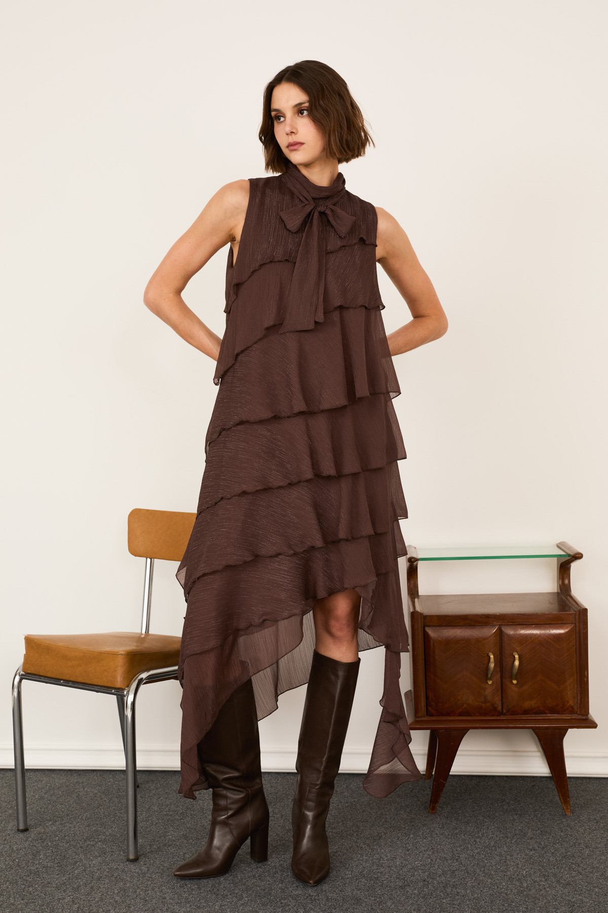 Sleeveless Lurex Ruffled Dress With Neck Tie