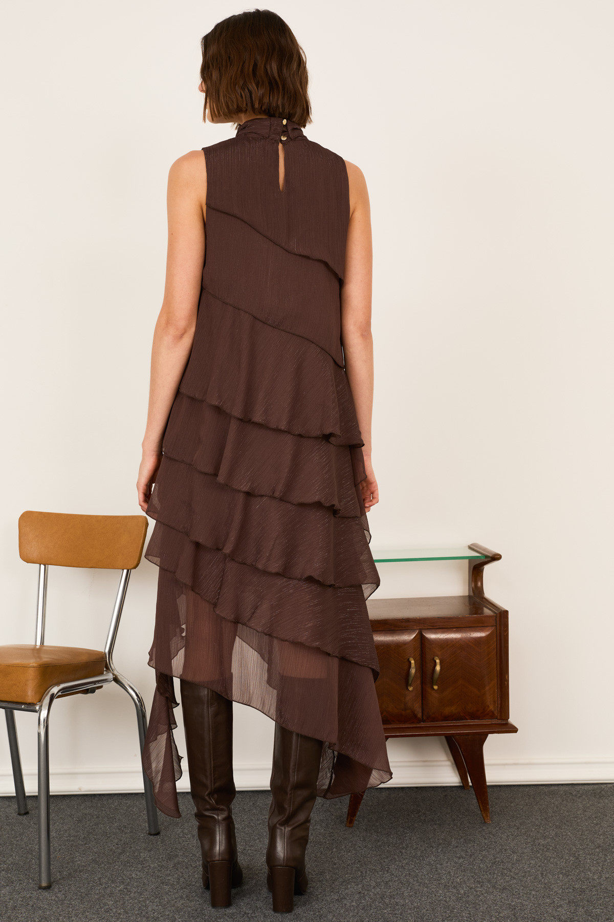 Sleeveless Lurex Ruffled Dress With Neck Tie