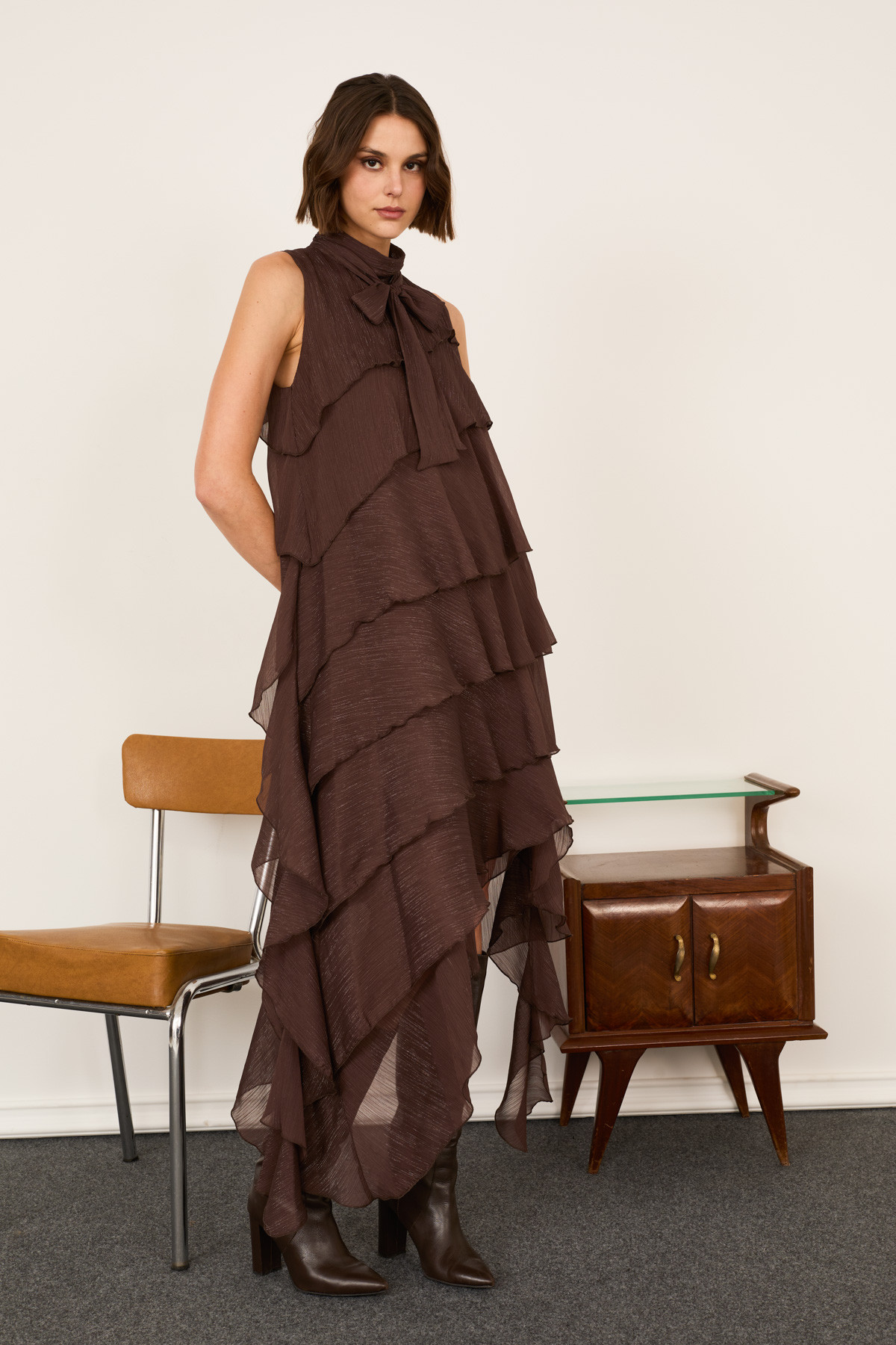 Sleeveless Lurex Ruffled Dress With Neck Tie