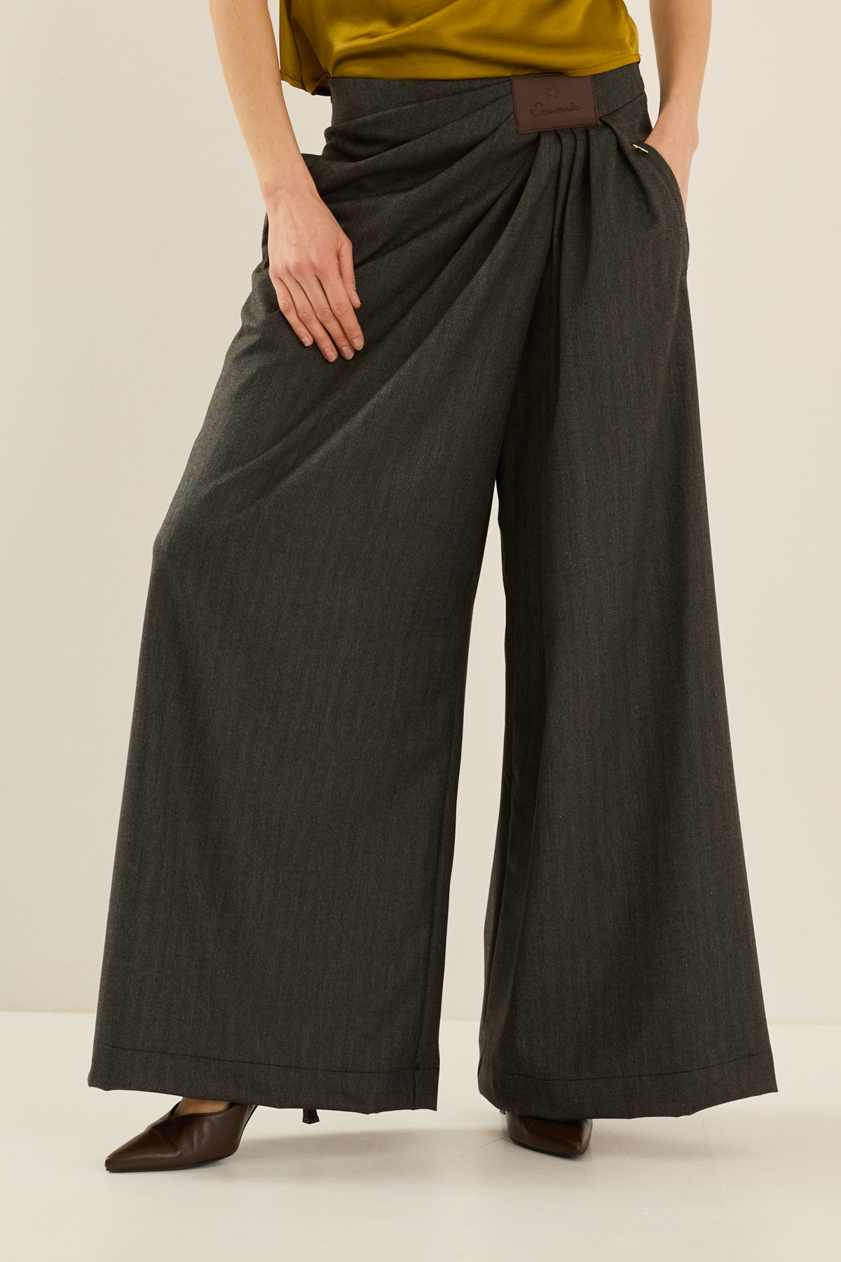 Draped Palazzo Wrap Pants with Leather Patch