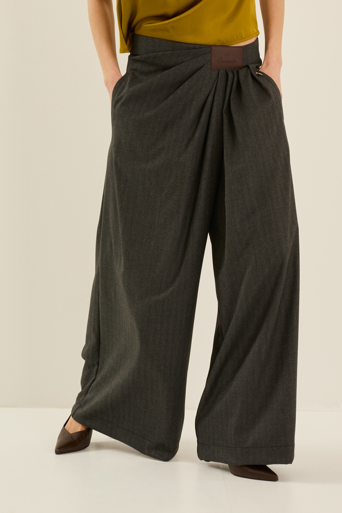 Draped Palazzo Wrap Pants with Leather Patch