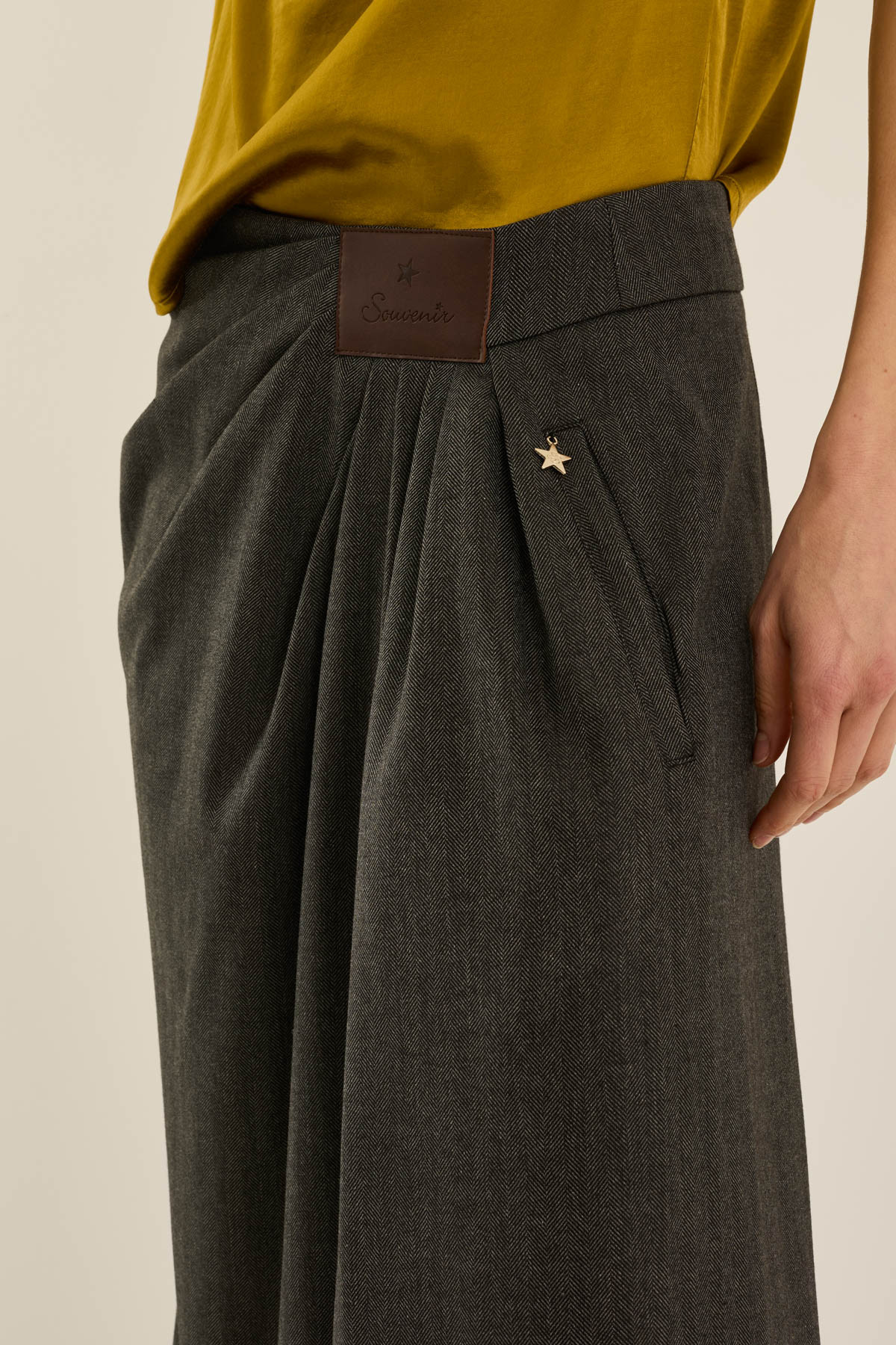 Draped Palazzo Wrap Pants with Leather Patch