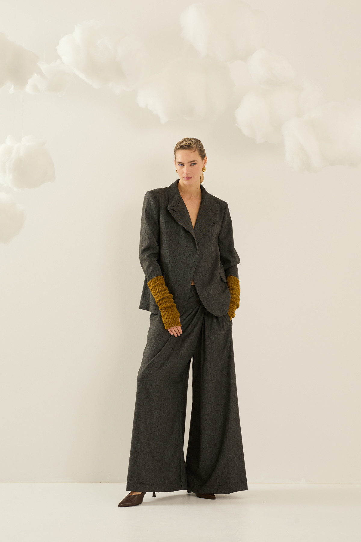 Draped Palazzo Wrap Pants with Leather Patch