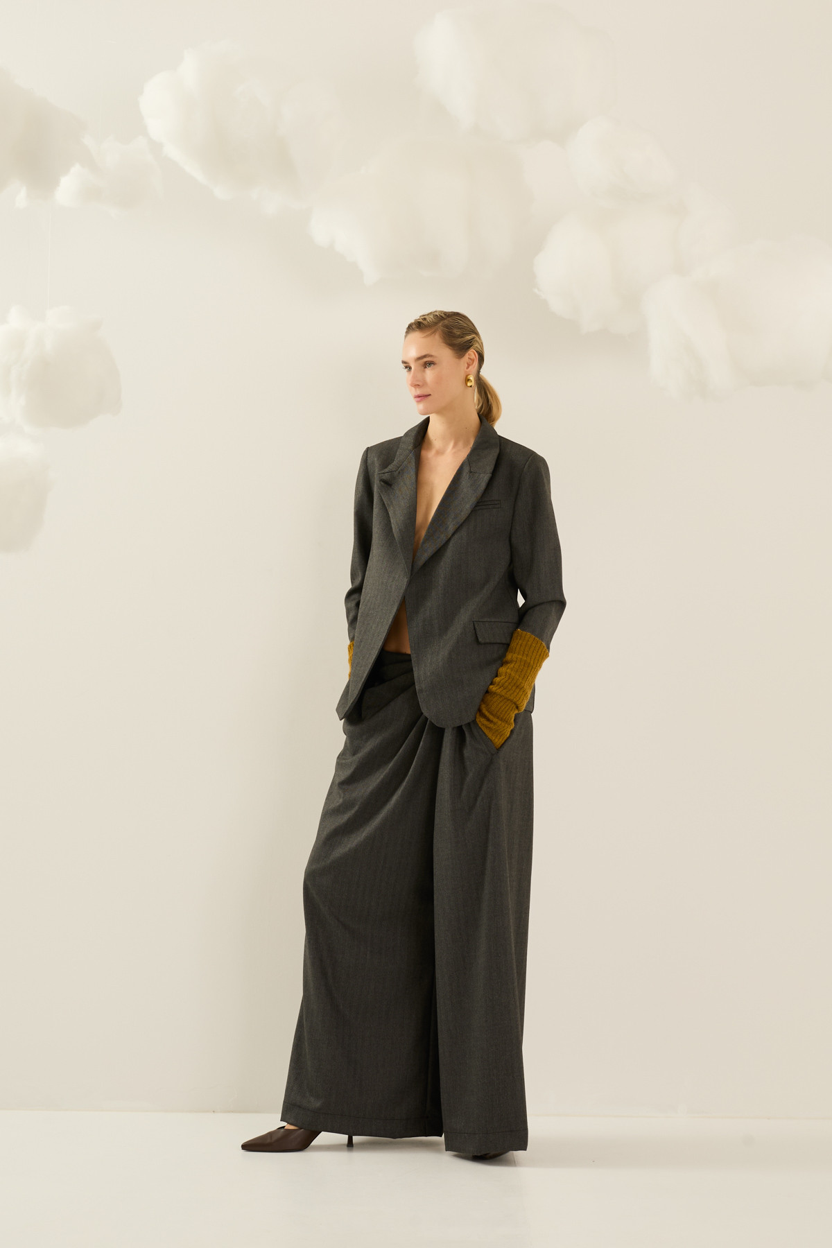 Draped Palazzo Wrap Pants with Leather Patch