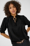Short sleeves blouse, It features a high ruffled neckline with  tie detail at the front.