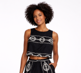 Sleeveless top with  white embroidery, wear it with the matching pants.