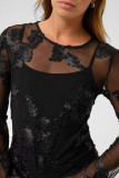 Sheer top with 3D floral appliqué - Black