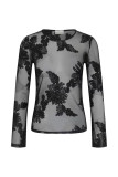 Sheer top with 3D floral appliqué - Black