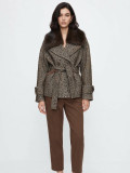 Cropped Tweed Jacket with Faux Fur Collar and Belt