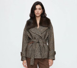 Cropped Tweed Jacket with Faux Fur Collar and Belt