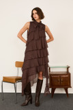 Sleeveless Lurex Ruffled Dress With Neck Tie