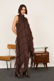 Sleeveless Lurex Ruffled Dress With Neck Tie