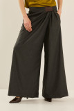 Draped Palazzo Wrap Pants with Leather Patch