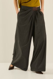 Draped Palazzo Wrap Pants with Leather Patch